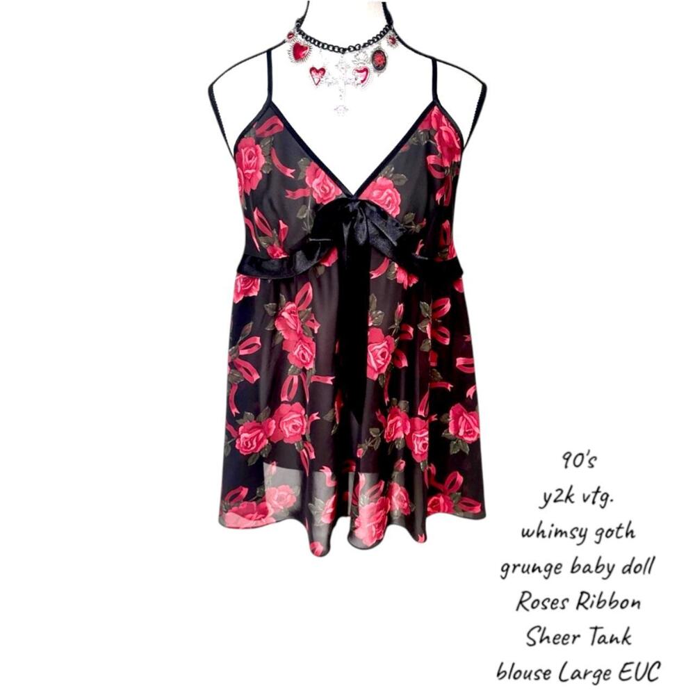 90's y2k vtg. Black Roses Ribbon Baby Doll Sheer Blouse Top Large whimsy goth